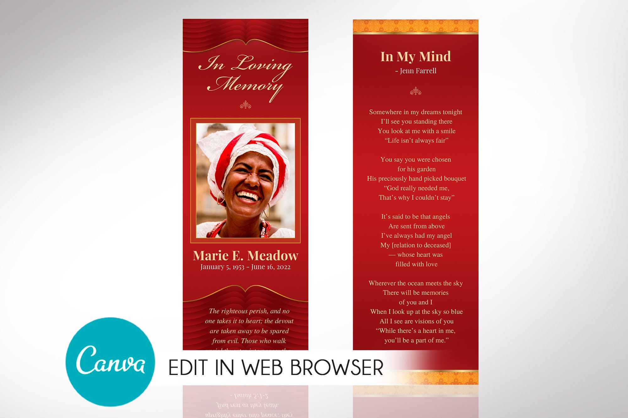 Red Gold Loving Funeral Bookmark Template for Canva
