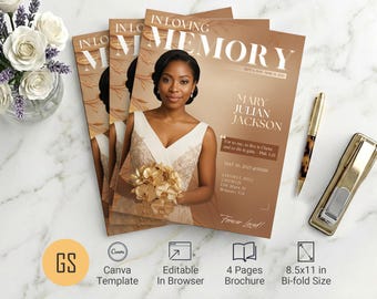 Beige Dawn Funeral Program Canva Template 8.5x11 Tabloid Bifold Obituary Booklet (Digital Download)