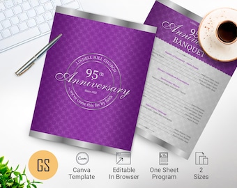 Purple and Silver Church Anniversary Program Template: Canva Pastor Appreciation Pamphlet (8.5x11) Digital Download
