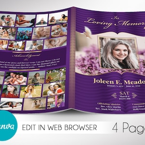 Plantilla de programa de funeral amoroso para Canva V1, oro púrpura, en memoria amorosa, celebración de la vida, plantilla de obituario de mujeres, 4 páginas, 5,5 x 8,5