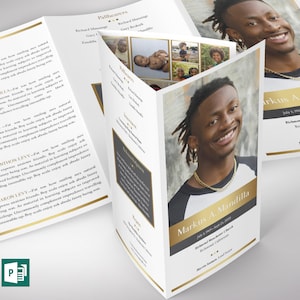 May include: A white and gold funeral program with a black and white photo of a young man. The program includes the name "Markus A. Mandilla" and the dates "July 6, 1995 - Sept 23, 2020".