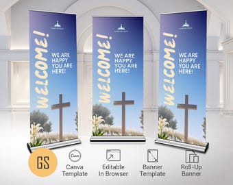 May include: Three blue and white welcome banners with a white cross and white flowers. The banners have the text "WELCOME!" and "WE ARE HAPPY YOU ARE HERE!" on them.