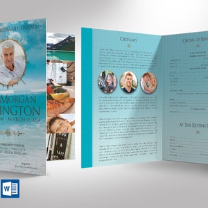 Oceanic Tabloid Funeral Program Template for Word and Publisher has 8 Pages. The celebration of life bi-fold brochure features a vivid ocean with a blue sky. The Print Size of 17x11 inches is Bi-Fold to 8.5x11 inches. An oceanic theme.