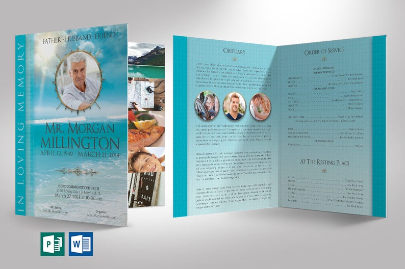 Oceanic Tabloid Funeral Program Template for Word and Publisher has 8 Pages. The celebration of life bi-fold brochure features a vivid ocean with a blue sky. The Print Size of 17x11 inches is Bi-Fold to 8.5x11 inches. An oceanic theme.