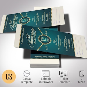 Teal Jubiläum Gala Ticket Canva Vorlage, Teal und Gold Kirche Pastor Fundraiser Bankett Veranstaltung, bearbeitbar druckbar, digitaler Download
