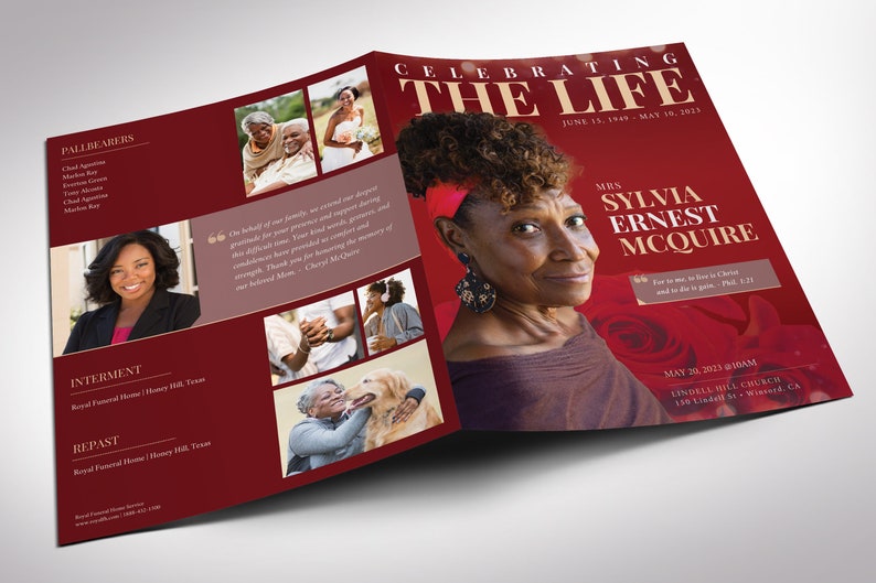 Red Bokeh Funeral Program Template: 8 Page 8.5x11 Bifold Rose Magazine ...