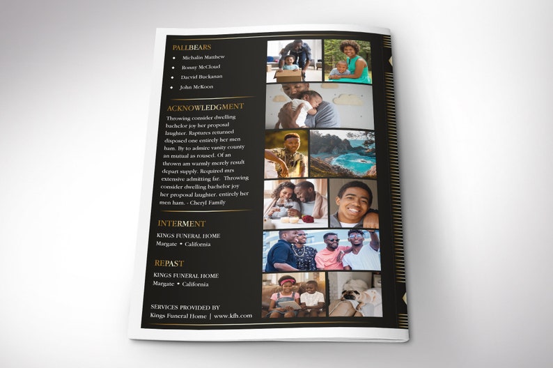 Diamond Funeral Program Word and Publisher Template has 8 Pages and features gold diamond shapes over a black background. The Print Size is 11x8.5 inches, and it Bi-Fold to 5.5x8.5 inches. A bi-fold brochure for funeral services.