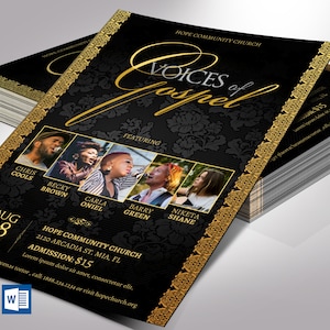 Zestaw szablonów ulotek na koncert gospel, Word i Publisher, czarno-złoty, zaproszenie do kościoła, wydarzenie muzyczne, edytowalny wydruk zbiórki funduszy 4x6"