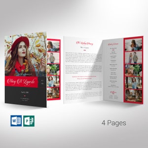 Red Black Funeral Program Template: Celebration of Life, 4 Pages (Digital Download)