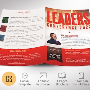 Puede incluir: Folleto para la Conferencia de Líderes 2023, con un diseño rojo y blanco. El folleto incluye las fechas de la conferencia, información sobre los oradores y libros destacados. El folleto mide 14 x 21,6 cm.