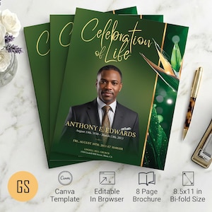 Plantilla de programa funerario ecológico para Canva: Obituario plegable de 8 páginas (8,5 x 11 pulgadas) Descarga digital