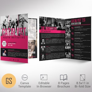 Program konferencji młodzieżowej Tabloid Canva Szablon, Magenta & Black Catalyst Youth Summit, Broszura kościelna składana na dwie części do druku, 8 stron, 11x17"