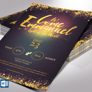 Emmanuel Christmas Flyer Word Publisher Template, Size 5 x 8 inches,  is for events during the Christmas season. Great for Christmas Cantatas, Plays, Pageants, Banquets, Dinner Dance, etc. It has a deep night blue background and golden stars.