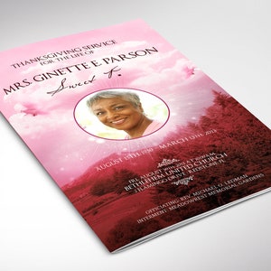 Puede incluir: Un programa de funeral rosa y rojo con una foto de una mujer y el texto "Thanksgiving Service for the Life of Mrs. Ginette E. Parson Sweet T. August 15th, 1950 - March 15th, 2013 Fill August 20th, 2013 at 10:00am Bethlehem United Church 2 Flamingo Drive Redstone Fl Officiating Rev. Michael O. Ledman Interment: Meadowrest Memorial Gardens"