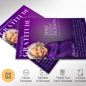 Modelo de cartão de agradecimento para funeral Purple Dawn para Canva, estilo revista, nota de agradecimento, em memória amorosa, 4 tamanhos
