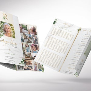Tropica Legal Trifold Funeral Program Template for Word and Publisher is designed with green and gold, Tropical Florals, over a marble stone background. The legal Print Size of 14x8.5 inches is Trifold to 4.75x8.5 inches. The celebration of life