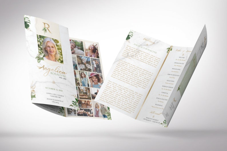 Tropica Legal Trifold Funeral Program Template for Word and Publisher is designed with green and gold, Tropical Florals, over a marble stone background. The legal Print Size of 14x8.5 inches is Trifold to 4.75x8.5 inches. The celebration of life