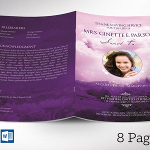 Purple Sky Funeral Program Word and Publisher Template have 8 Pages and is decorated with beautiful ornaments, doves, and a flourishing landscape over a beautiful purple background. The Print Size is 11x8.5 inches and it Bi-Fold to 5.5x8.5 inches.