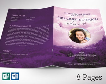 Violet Sky Funeral Program Template | Word Template, Publisher | Celebration of Life | 8 Pages | Bifold to 5.5x8.5 in