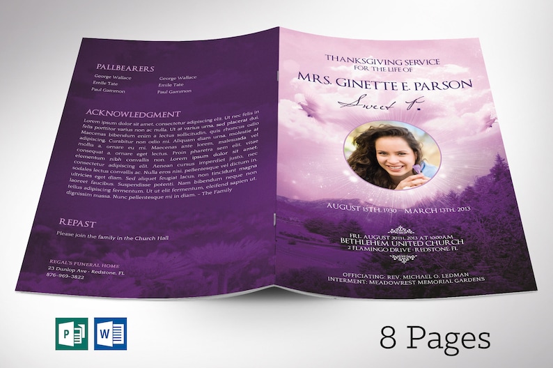 Purple Sky Funeral Program Word and Publisher Template have 8 Pages and is decorated with beautiful ornaments, doves, and a flourishing landscape over a beautiful purple background. The Print Size is 11x8.5 inches and it Bi-Fold to 5.5x8.5 inches.