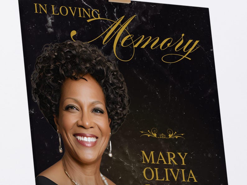 Puede incluir: Una tarjeta conmemorativa negra y dorada con una foto de una mujer. La tarjeta dice "En memoria cari&ntilde;osa Mary Olivia".