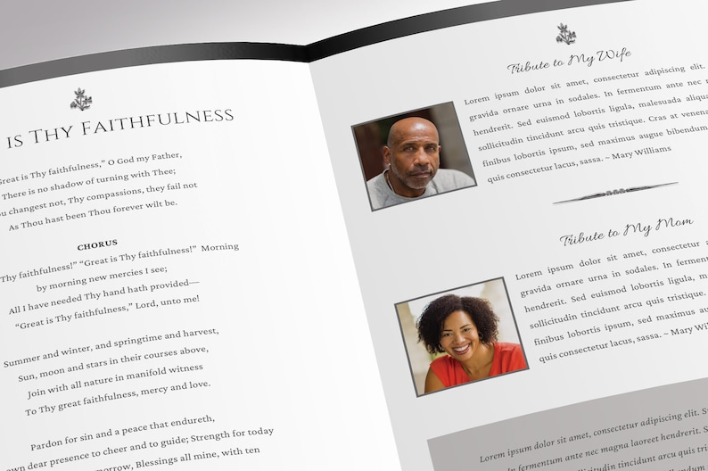 Black & White Funeral Program Template for Canva: 8-page Bifold