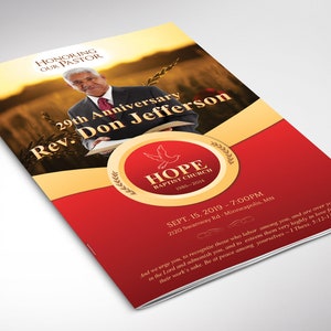 May include: A folded program for the 29th anniversary of Rev. Don Jefferson at Hope Baptist Church. The cover features a photo of the pastor, a red circular emblem with a dove, and text detailing the event date, time, location, and a Bible verse.