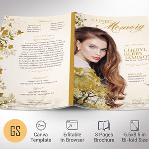 Plantilla de Canva para programa funerario chinoiserie, beige y dorado, celebración de la vida, obituario de una mujer, editable e imprimible, plegable de 8 páginas, 5.5 x 8.5 pulgadas