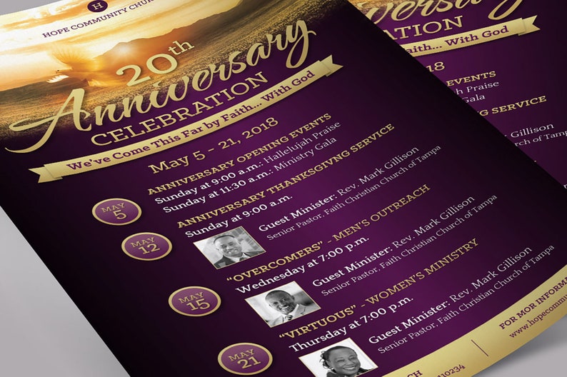 Church Anniversary Flyer Template for Word and Publisher is 5x8 inches. Purple and Gold with a landscape, sunrise and a dove are used to make this an elegant flyer. Banquet invitations and event invites are great for promoting church anniversaries