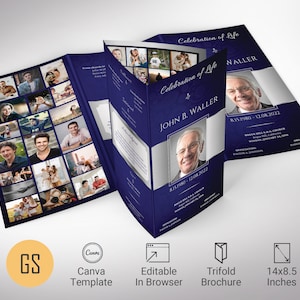 Navy Blue Funeral Program Template: Celebration of Life (14x8.5 in, Canva Editable, Digital Download)
