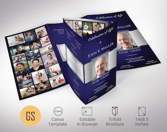 Navy Blue Funeral Program Template: Trifold Celebration of Life Obituary (Canva, 14x8.5 Digital Download)