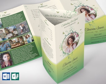 Green Princess Legal Trifold Funeral Program Template for Word and Publisher | Print Size: 14x8.5 inches