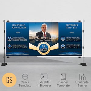Blue & Gold Pastor Anniversary Banner Template (70x30 inches) (Digital Download)