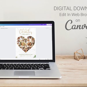 Laptop - Transform your cherished memories into a beautiful tribute with the Tropica Funeral Heart Photo Collage Template for Canva. This large funeral welcome sign features a Photo Heart Shape Collage that showcases your loved ones special moments