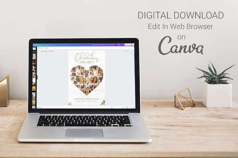 Laptop - Transform your cherished memories into a beautiful tribute with the Tropica Funeral Heart Photo Collage Template for Canva. This large funeral welcome sign features a Photo Heart Shape Collage that showcases your loved ones special moments