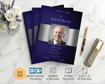 Blue Paisley Funeral Program Template: 4 Page Bifold Obituary for Word & Publisher (8.5x11) Digital Download
