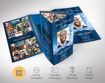 Blue Silver Funeral Program Template: Trifold Celebration of Life Obituary (Canva 14x8.5" Digital Download)