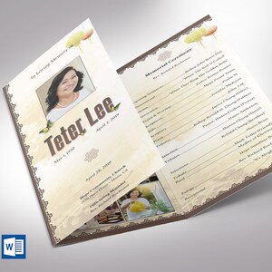 May include: A beige and brown memorial service programme with a photo of Teter Lee, a floral design, and the text "In Loving Memory of Teter Lee, May 1, 1950 - April 2, 2019". The programme includes the date and location of the service, the officiant's name, and a list of songs and readings.