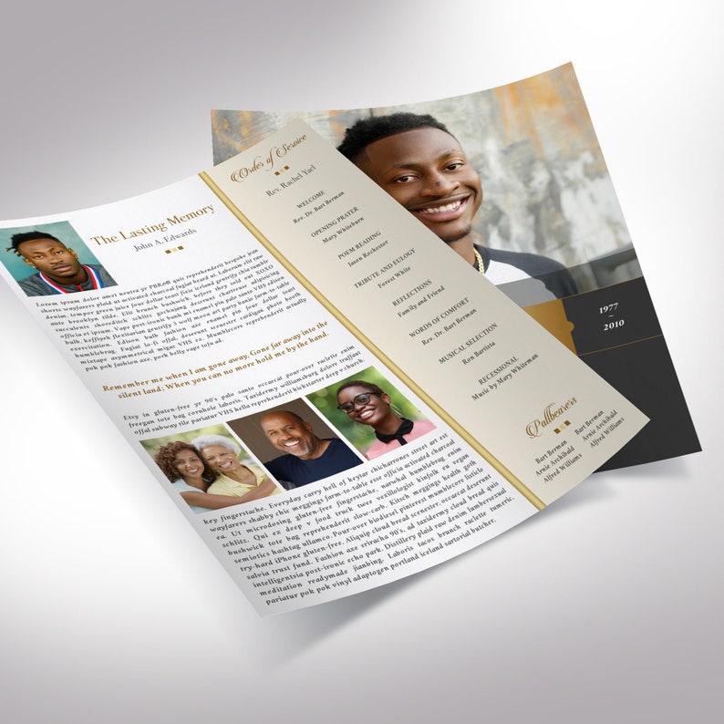 Remember Gold Funeral Program Template, One Sheet Word Template, Publisher Celebration of Life 8.5x11 inches image 2