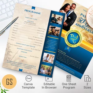 Blue & Gold Clergy Anniversary Program Canva Template (Digital Download)