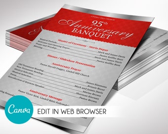 Church Anniversary Program Template: Red & Silver One-Page Event Pamphlet for Canva (Digital Download)