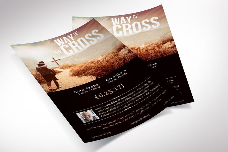 Cross Way Easter Flyer Template for Canva is Size 5.5x8.5 inches. The design depicts a man running on a path toward a cross. The Church Invitation Postcard is for church Easter Services, Sermon Series, and Easter Cantatas.