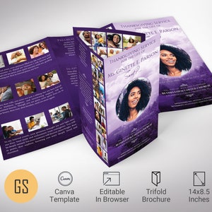 Purple Sky Legal Trifold Funeral Program Template, Canva Design, Celebration of Life, In Loving Memory, Women's Obituary, Printable, 14x8.5"