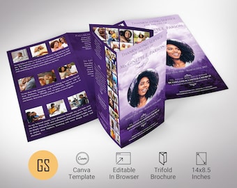 Purple Sky Legal Trifold Funeral Program Template, Canva Template | Celebration of Life, In Loving Memory | 14x8.5 in