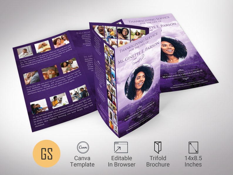 Purple Sky Legal Trifold Funeral Program Template, Canva Template Celebration of Life, In Loving Memory 14x8.5 in image 1