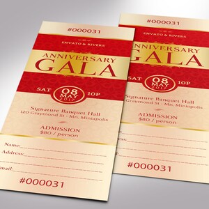 Elegant Anniversary Gala Ticket Word Publisher Template, Size: 2”×6”, is designed with red and gold, and 7 additional color backgrounds are included. Great for Church Anniversary Banquets, Pastor Anniversary Galas, and Balls.