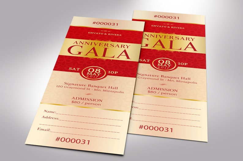 Elegant Anniversary Gala Ticket Word Publisher Template, Size: 2”×6”, is designed with red and gold, and 7 additional color backgrounds are included. Great for Church Anniversary Banquets, Pastor Anniversary Galas, and Balls.