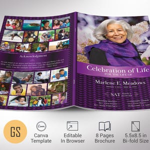 May include: A bi-fold brochure with a purple and white design. The brochure features a photo of a smiling woman and the text "Celebration of Life". The brochure is 5.5 x 8.5 inches.