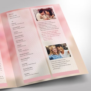 Glamour Tabloid Funeral Program Template for Word and Publisher has 4 Pages. It uses soft pink and white colors and transparency for an elegant theme. The Tabloid Print Size of 17x11 inches is Bi-Fold to 8.5x11 inches. The celebration of life bi-fold