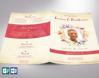 Watercolor Funeral Program Word Publisher Template - V2 | 8 Pages | Print Size 11”x8.5” | Bi-fold to 5.5”x8.5”